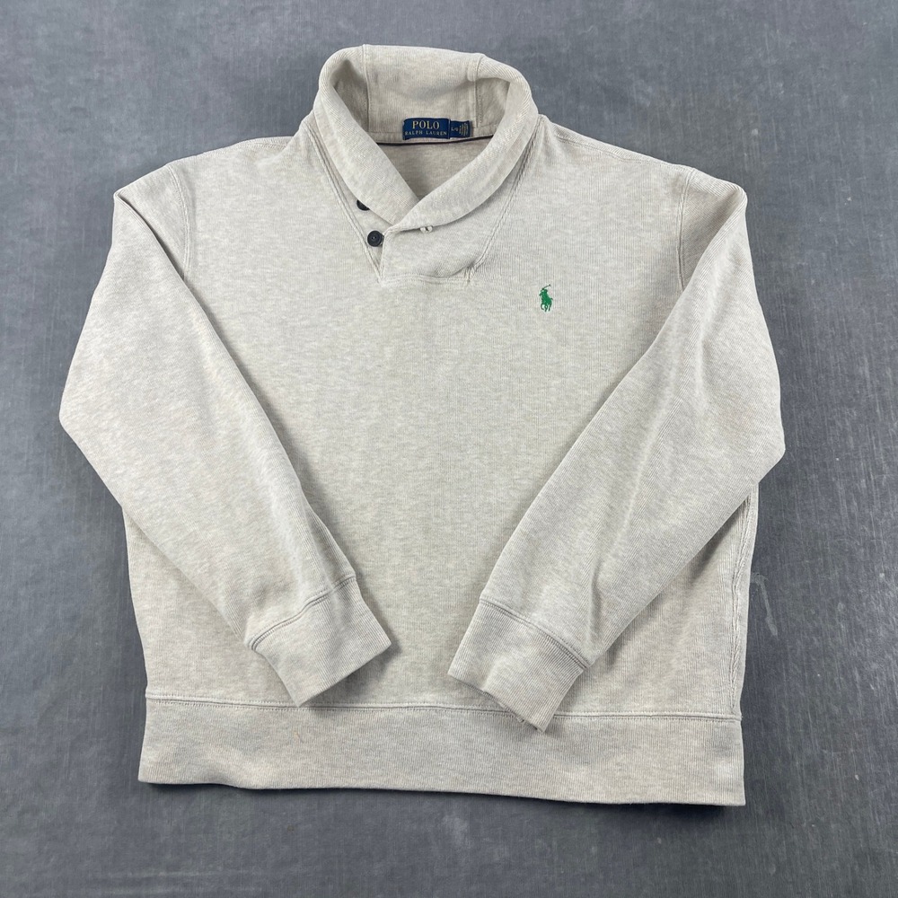 Polo Ralph Lauren Mens L Oatmeal Shawl Collar Sweatshirt Green Pony Logo